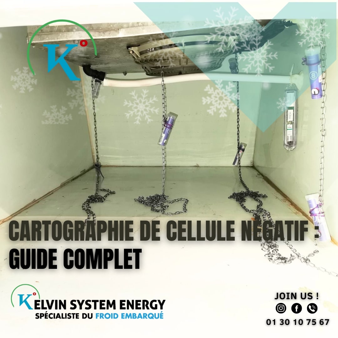 Une cellule de camion réfrigérée avec des chaînes suspendues au plafond. Le logo Kelvin System Energy est visible.