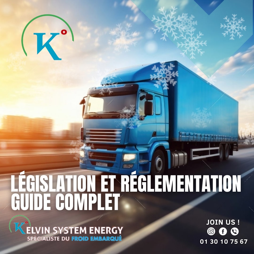 Un camion bleu Kelvin System Energy roule sur une autoroute enneigée. Le logo Kelvin System Energy est visible sur le côté du camion.