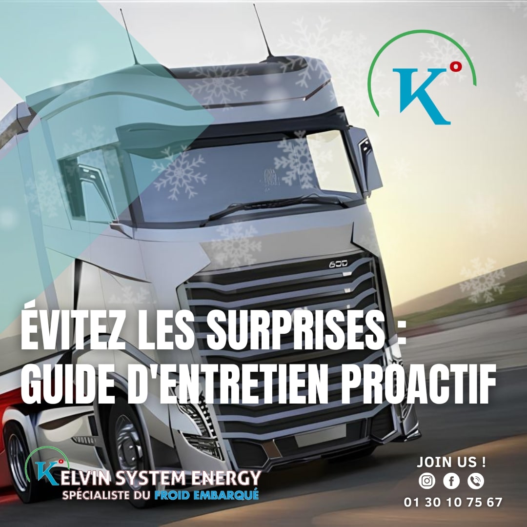 Un camion blanc sur une route enneigée, avec le logo de Kelvin System Energy sur le côté.