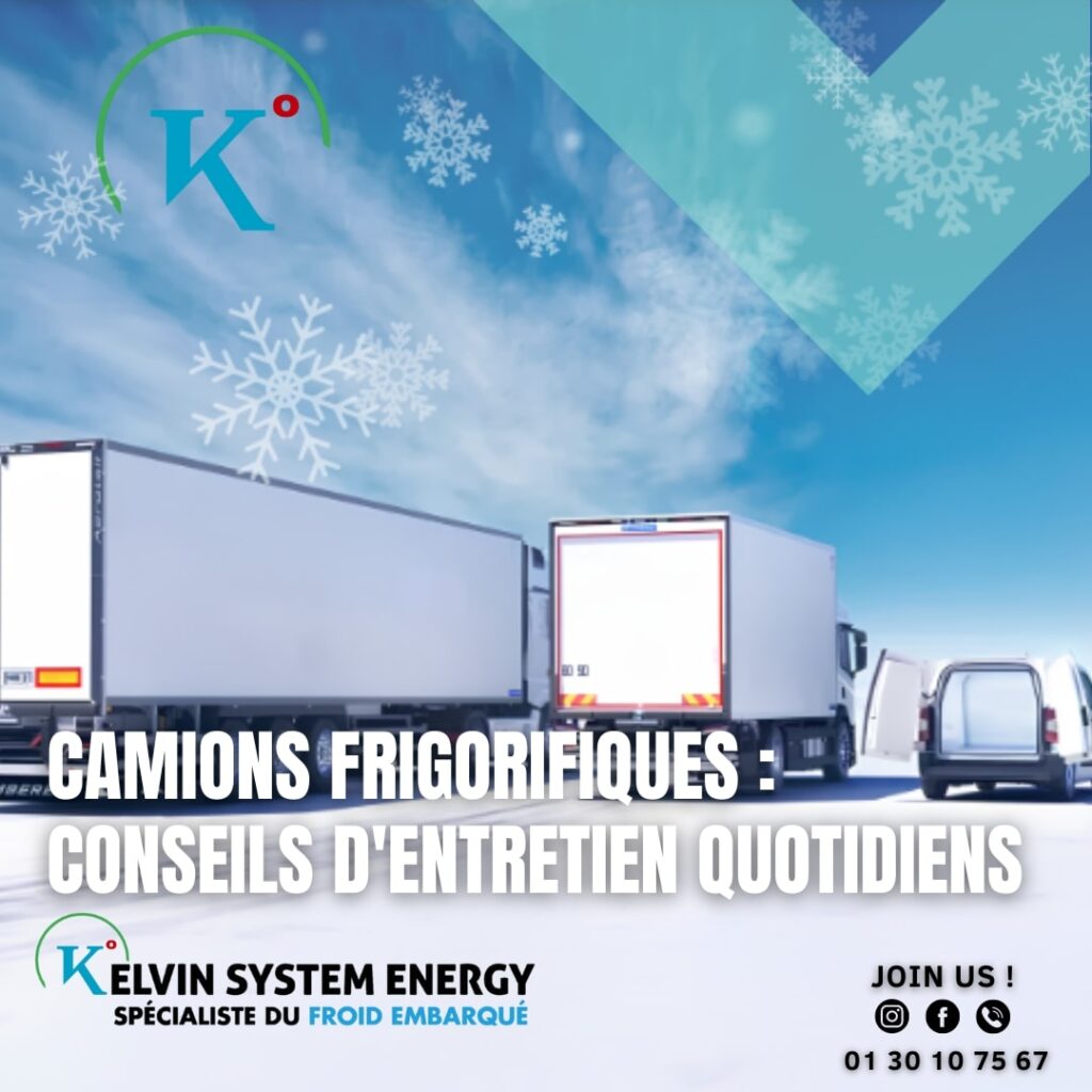 Deux camions frigorifiques blancs sur la route. Kelvin System Energy, entreprise spécialisée dans les systèmes de refroidissement pour véhicules