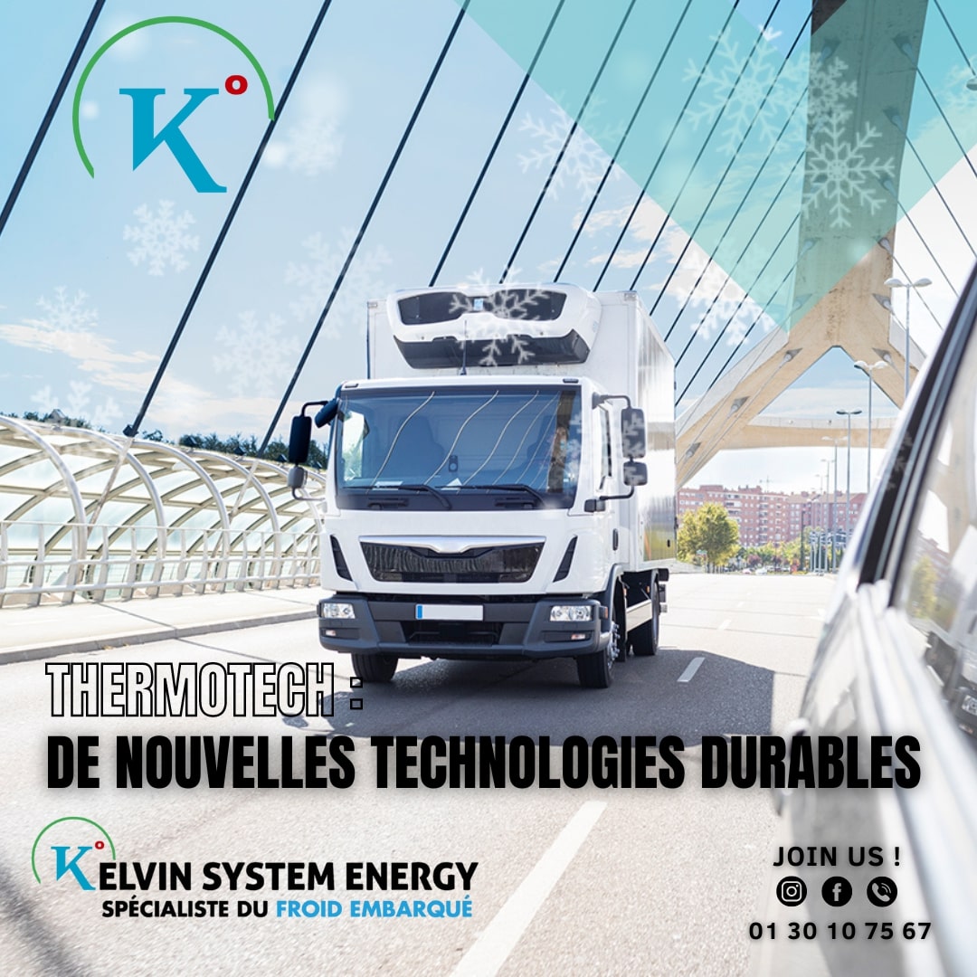 Un camion frigorifique Thermo King blanc et bleu conduisant sur une route à côté d'un pont. Le camion est garni du logo Thermo King et transporte des marchandises périssables.