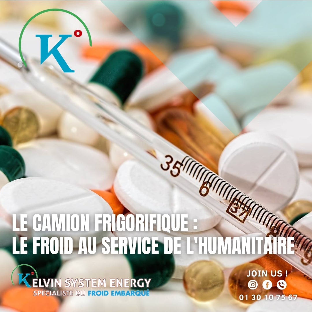 Un camion frigorifique, symbole de l'aide humanitaire, est représenté par une lettre K rouge sur fond blanc. Des médicaments sont dispersés autour, soulignant l'importance du transport réfrigéré pour préserver les vaccins et les médicaments