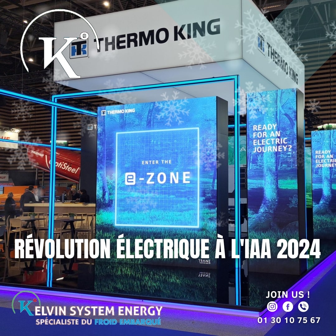 Un stand de salon professionnel lumineux met en avant la nouvelle gamme de produits électriques de Thermo King. Le slogan "Prêt pour un voyage électrique" est affiché sur de grands écrans.