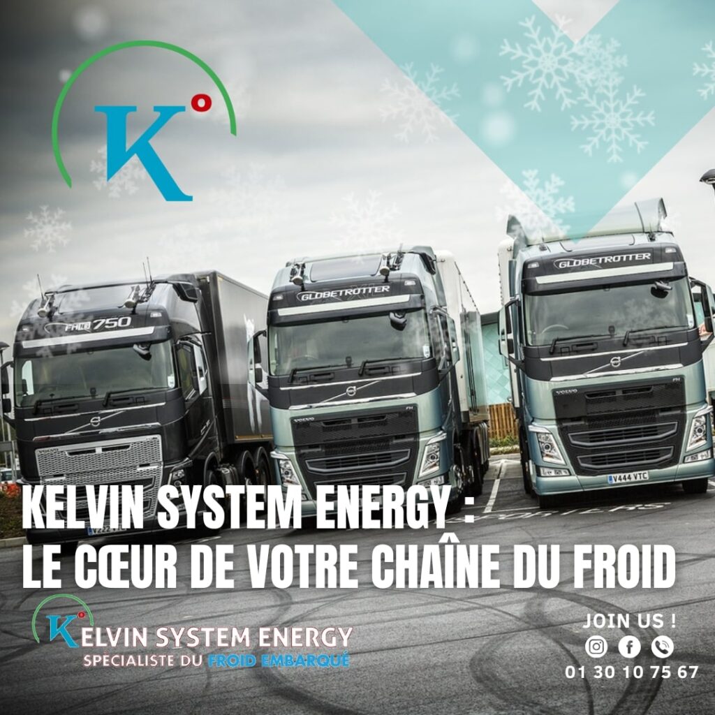 Trois camions de marque Volvo, de couleur noire, sont stationnés sur un parking. Le ciel est clair avec quelques flocons de neige. Le logo d'une entreprise, "Kelvin System Energy", est présent en bas de l'image, ainsi qu'un slogan et des coordonnées