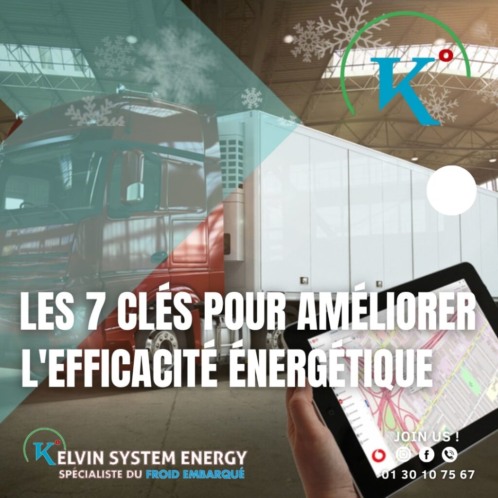 Affiche Kelvin System Energy affichant un camion frigorifique rouge et blanc, une tablette avec une carte interactive et le texte 'Les 7 clés pour améliorer l'efficacité énergétique'