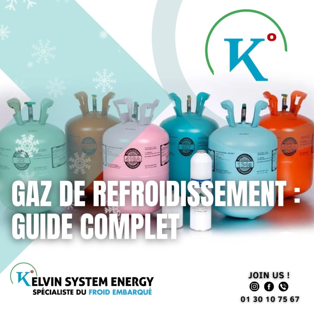 Bouteilles de gaz de refroidissement de différentes couleurs (R22, R410A, R134A) avec le logo de Kelvin System Energy et le texte 'Gaz de refroidissement : Guide complet'.
