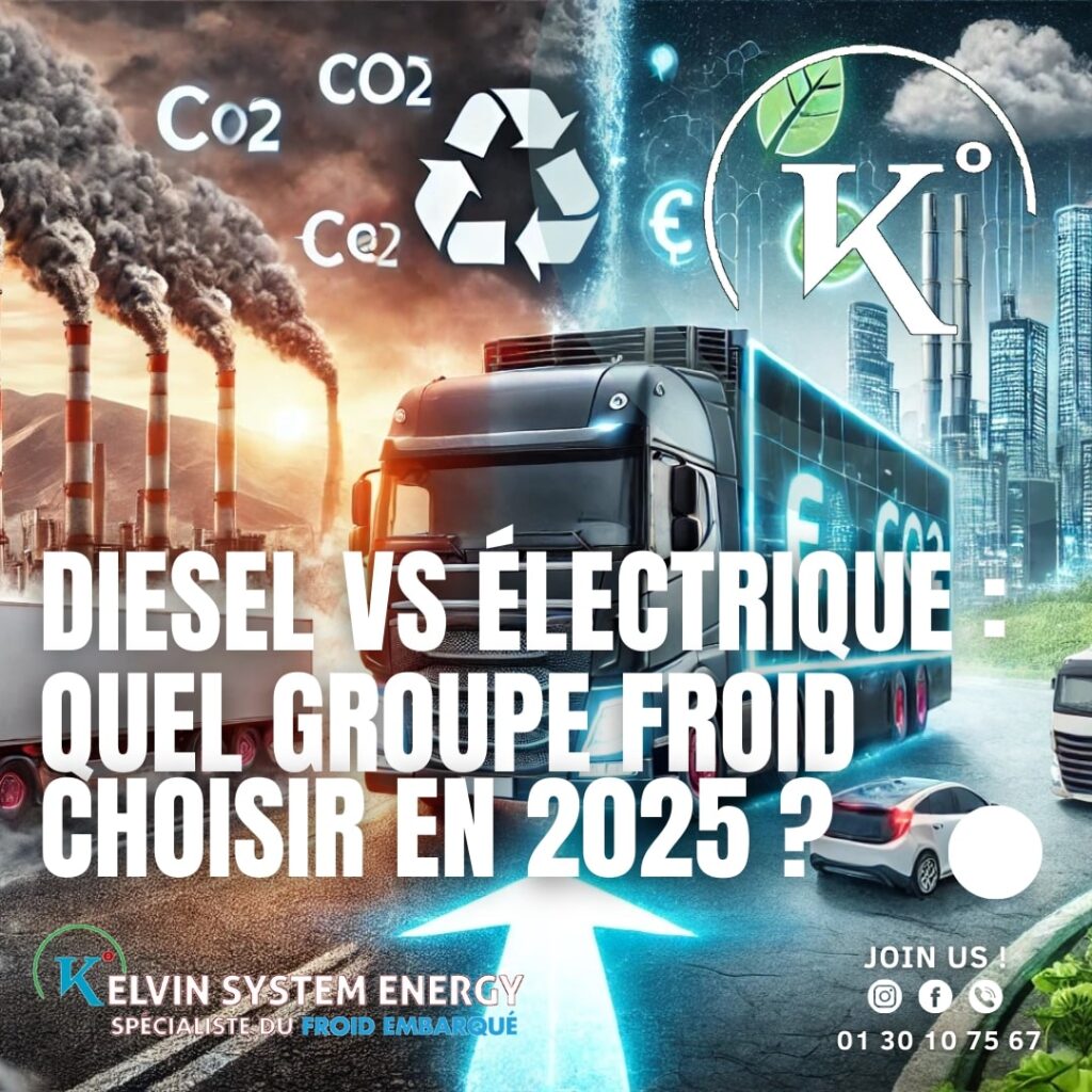 Logo de Kelvin System Energy avec texte sur la transition énergétique 2025 : CO2, Diesel vs Électrique, et invitation à rejoindre l'entreprise