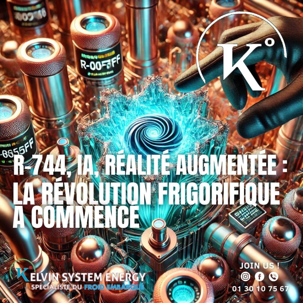Technologie frigorifique avancée avec R-744, intelligence artificielle et réalité augmentée, illustrée par un environnement high-tech futuriste.