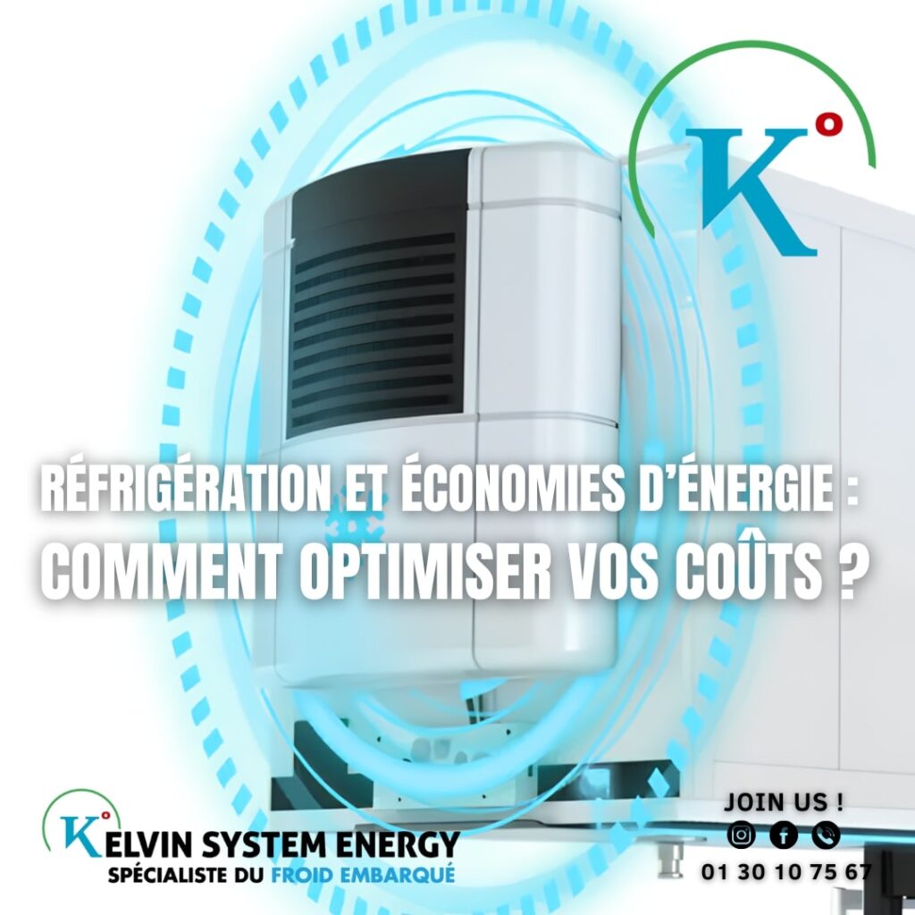 Unité de réfrigération embarquée avec effet visuel technologique et logo de Kelvin System Energy, spécialiste du froid embarqué.